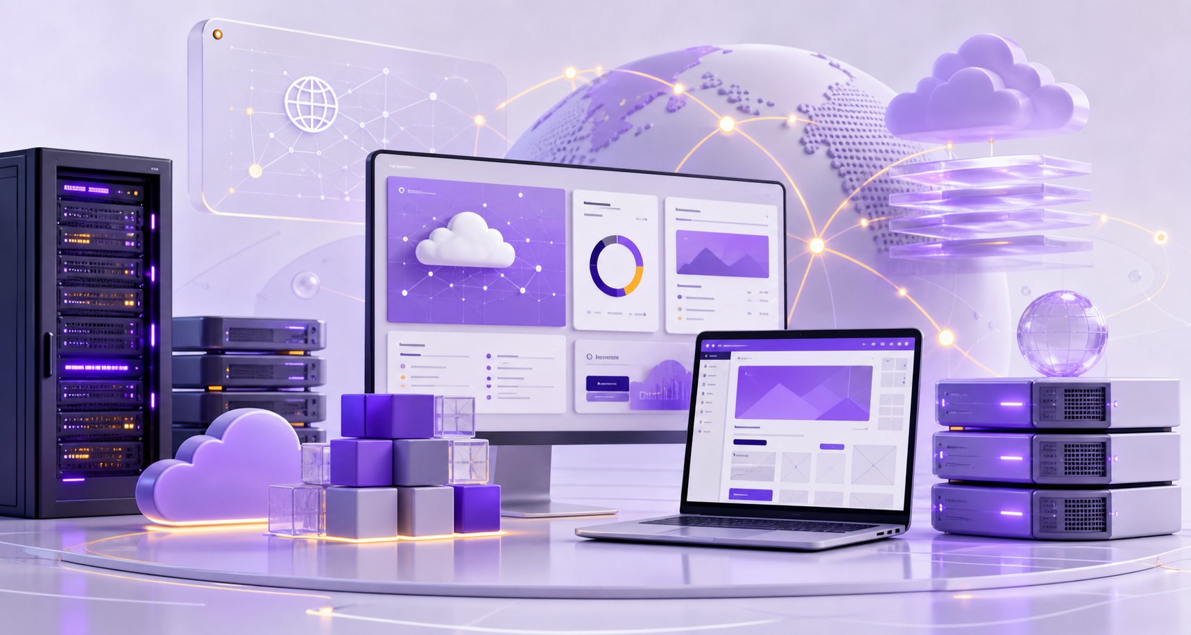 Web hosting infrastructure and performance dashboard illustration
